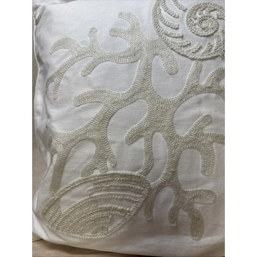 Neutral Embroidered Coastal Shell‎ Coral Pillow VGUC White Duck Feather Fill